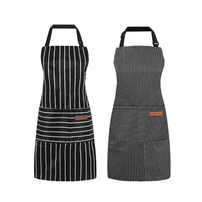 2 Pack Cooking Aprons Adjustable Bib Apron for Women with 2 Pockets, Kitchen Restaurant Men Chefs Aprons - color: Black Stripes/Black Pinstripe