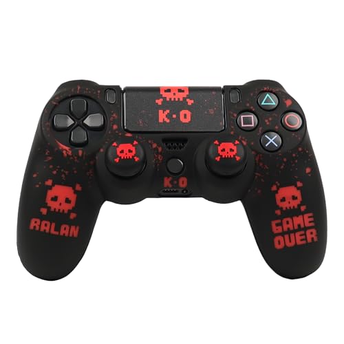 RALAN Pixelated Skull Design Controller Skin Cover with 2 Thumb Grips Compatible with PS4/Playstation 4 Slim/Pro Controller - color: Pixelated Skull Black Red