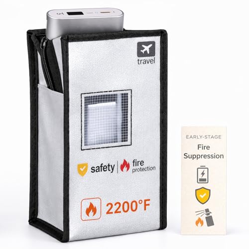 Travel Battery Safety Fireproof Bag with Automatic Fire Suppression for Power Banks & Lithium ion Battery, Clean Agent Sheet, Fire Resistant Carry-On Storage Case