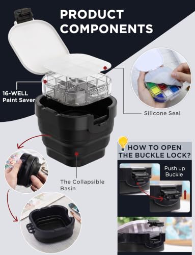 16-Well Airtight Empty Palette Box with Lid & Foldable Water Cup, Black - color: Black