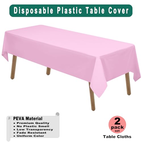 PARTY ULYJA Pink Plastic Tablecloths 2 Pack Disposable Table Covers 54 x 108 Inch PEVA Vinyl Bridal Shower BBQ Picnic Birthday Wedding Banquet Parties 8 ft Rectangle Use - color: E01 Pink