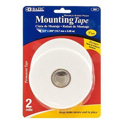 BAZIC PRODUCTS Double Sided Foam Mounting Tape, 0.5 in x 200 in, 2 Ct - size: 1-Pack