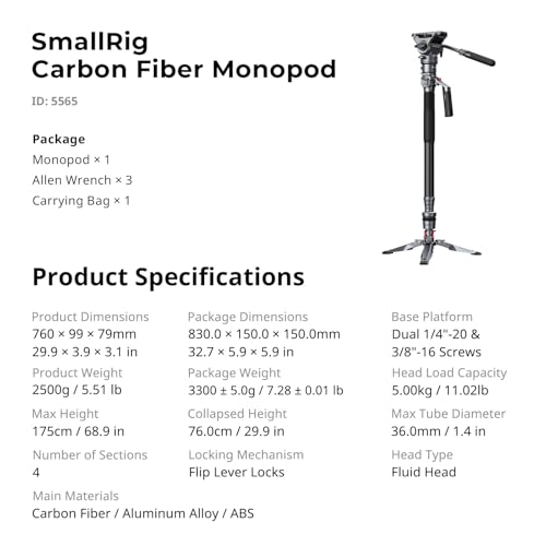 SmallRig 68.9"/ 175cm Carbon Fiber Video Monopod for Camera - size: 175cm / 68.9"