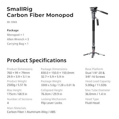 SmallRig 68.9"/ 175cm Carbon Fiber Video Monopod for Camera - size: 175cm / 68.9"