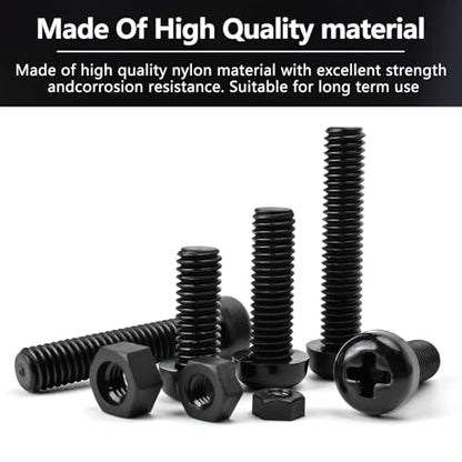 1212pcs Black Nylon Plastic Pan Round Head Phillips Screws Bolts and Nuts,M2M3M4M5M6 Metric Threaded Screws Bolt and Nut Assortment Set for Micro Controller Board Building,Insulate or Fasten PCB Board