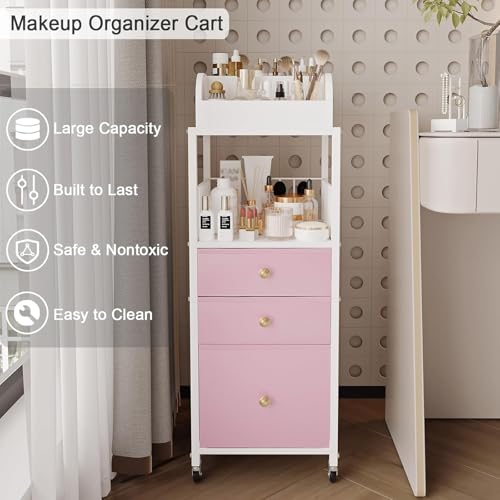 Makeup Organizer Storage Cart with Drawers Rolling Makeup Cart with Wheels - color: Pink
