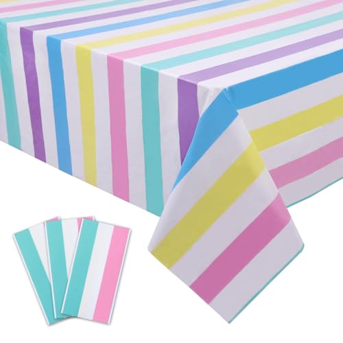 Kesfey Rainbow Striped Tablecloth Birthday Pastel Stripe Table Cover 3 Pack - color: Rainbow Horizontal Striped