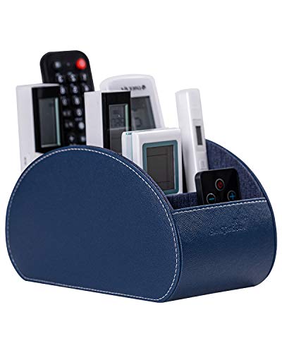 Remote Control Holders Organizer Box with 5 Compartment PU Leather Multi-functional Office Desk Storage Caddy Store Tv Remote for Media Player,Brush,Pencil,Glassees&Office Supplies (Dark Blue) - color: Dark Blue, size: M