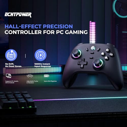 ECHTPower Wireless PC Gaming Controller - Hall Effect Joystick, 2.4G & Wired 1000Hz Polling Rate, 800mAh Battery, Adjustable Turbo/Vibration - for PC/Switch/iOS/Android - color: Black