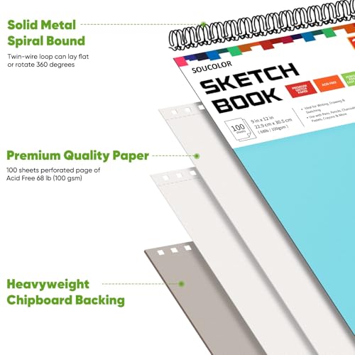 Soucolor Sketch Book 9x12,Thick Drawing Paper Pad School Art Supplies - color: Blue, size: 9" x 12" (Pack of 1)