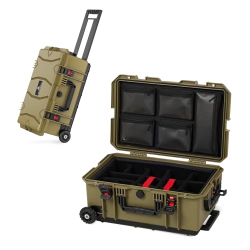 Weatherproof Hard Case, Stackable Trolley Case with Wheels, Hook and Loop Divider & Strap, IP67 Waterproof Box for Camera, Drones and Gear, 21.7" x 13.8" x 8.7", Olive Green - color: Olive Green