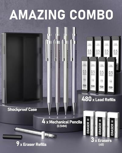 Mechanical Pencil Set, 0.5mm 4-Pack with Case, Metal Body, Fine Point - style: 0.5MM