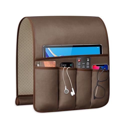 Remote Control Holder for Armchair Caddy, Remote Holder with 5 Pockets - color: Brown, size: 35"x12.4"