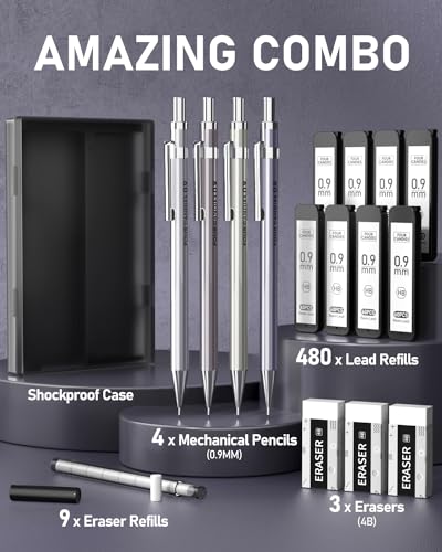 Mechanical Pencil Set, 0.9mm 4-Pack with Case, Metal Body, Break-Resistant - style: 0.9MM