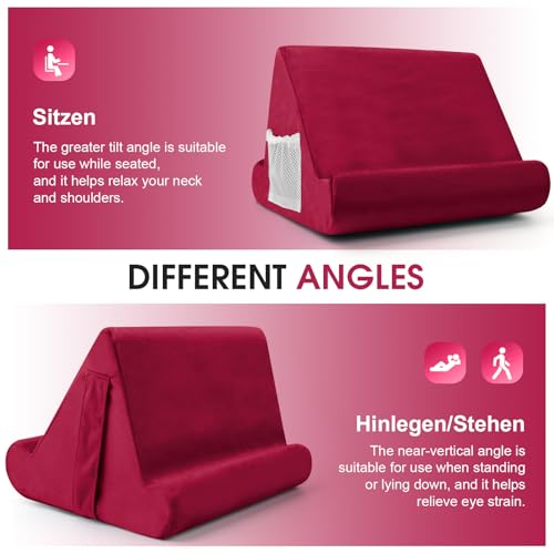Multi-Angle Tablet Stand with Soft Pad and Net Pocket - Universal Phone and Pad Holder for Lap, Knee, Sofa and Bed (Wine Red) - color: Wine Red