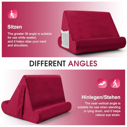 Multi-Angle Tablet Stand with Soft Pad and Net Pocket - Universal Phone and Pad Holder for Lap, Knee, Sofa and Bed (Wine Red) - color: Wine Red