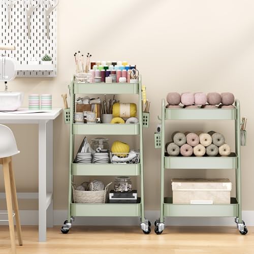 TOOLF 4 Tier Rolling Cart, Metal Utility Storage Cart with Pegboard, Green - color: Green, size: 4-Tier