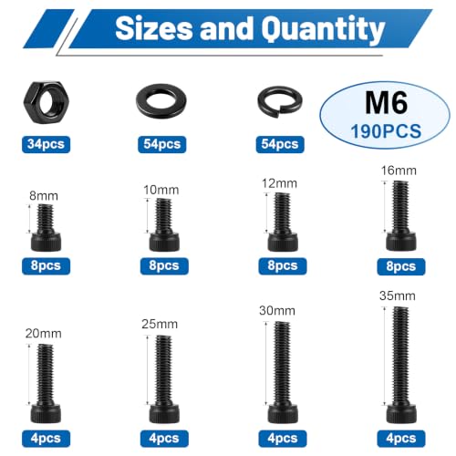 190PCS M6 Screws with Nuts Assortment Kit - size: G12.9 M6 190PCS