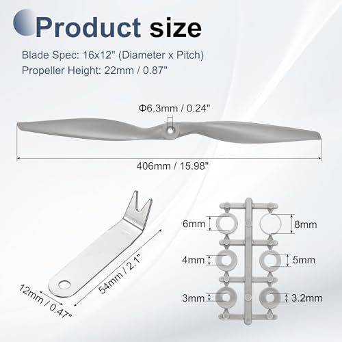 MECCANIXITY 16x12 Inch RC Propellers, 2-Vane Blades Prop Replacements Gray High Speed Propeller with Adapter Rings & Prop Wrench for RC Airplane Drones, Pack of 1 - size: 16" x 12"