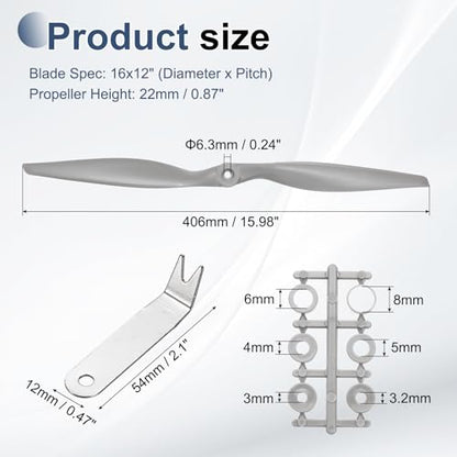 MECCANIXITY 16x12 Inch RC Propellers, 2-Vane Blades Prop Replacements Gray High Speed Propeller with Adapter Rings & Prop Wrench for RC Airplane Drones, Pack of 1 - size: 16" x 12"