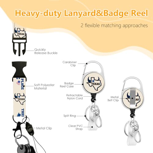 Texas ID Badge Holder with Lanyard, Texas Retractable Reel Clip & Keychain - color: Texas