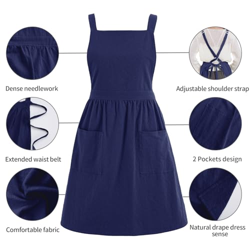Pinknoke Cute Cotton Pinafore Aprons for Women with Pockets for Kitchen - color: Navy Blue