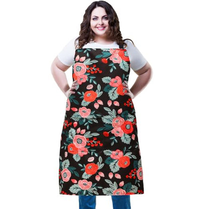Plus Size Adjustable Bib Apron Water Resistant Canvas Extra Wide Long Ties Aprons with 2 Pockets Kitchen Cooking Gardening - color: Flowers