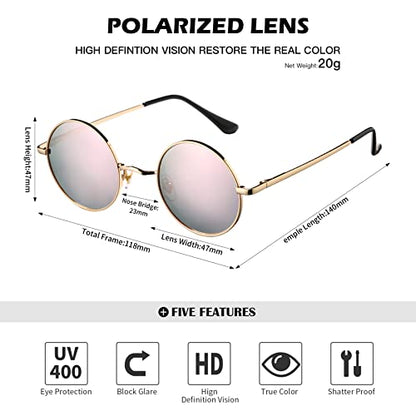 Pro Acme Small Round Polarized Sunglasses for Women Men Retro Metal Shades - color: D1 - Gold Frame/Pink Mirrored Lens