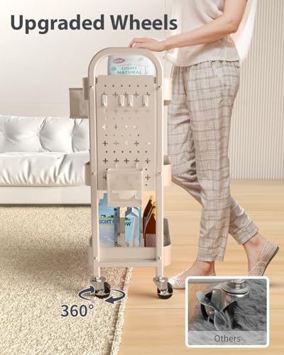 ALVOROG 3 Tier Metal Rolling Utility Cart with Pegboards,Baskets,Hook,Khaki - color: Khaki