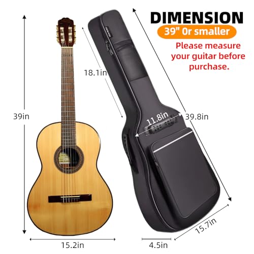 GIGKOUKI Guitar Bag 38 39 Inch Acoustic Guitar Gig Bag Soft Case 0.35 Inch Thick Padding Classical Guitar Backpack Large Pocket with Hanger Loop and Neck Strap（39 inch） - size: Acoustic 39 Inch