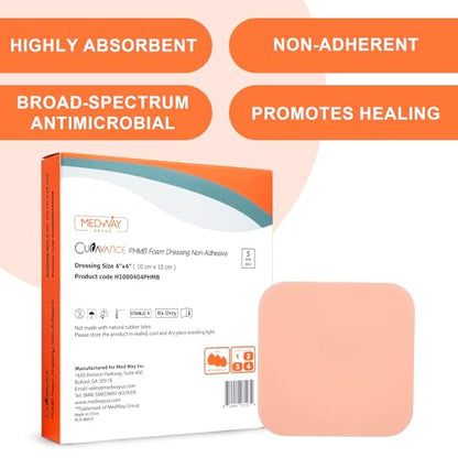 MedVance Waterproof Non-Adhesive Hydrophilic Foam Dressing 4"x4", Box of 5 - size: 4"x4" PHMB 5 Pack