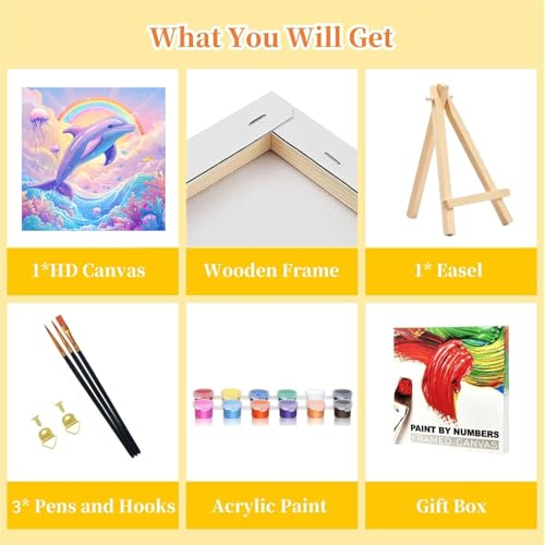 HITO Dolphin Paint by Numbers Kit for Kids with Frame Easel 8x8 inch - color: Dolphin