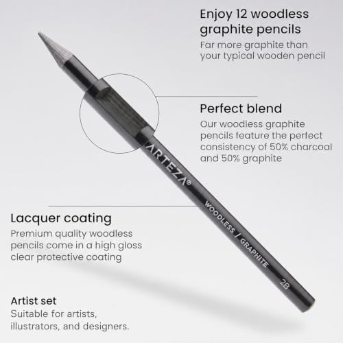 ARTEZA Woodless Graphite Pencils, Set of 12, HB, 2B, 4B, 6B, 8B, and EE