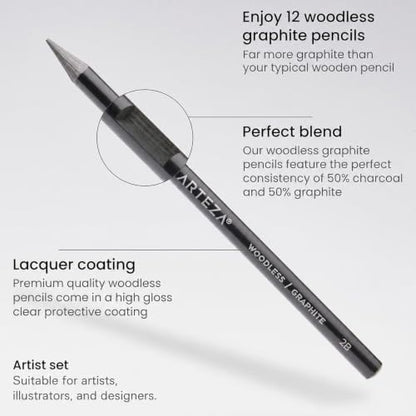 ARTEZA Woodless Graphite Pencils, Set of 12, HB, 2B, 4B, 6B, 8B, and EE