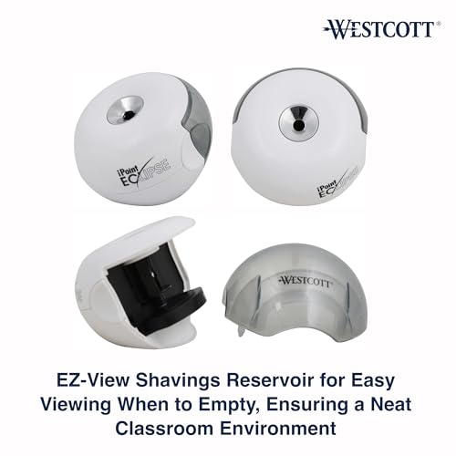 Westcott iPoint Eclipse Battery Pencil Sharpener, Unique Two-Blade Technology, EZ-View Reservoir, Requires 4 AA Batteries, White, for Home, Small Office, Classroom, Back to School, School Supplies