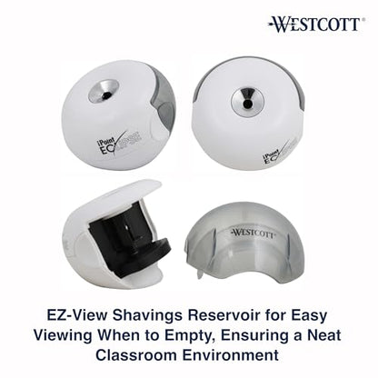 Westcott iPoint Eclipse Battery Pencil Sharpener, Unique Two-Blade Technology, EZ-View Reservoir, Requires 4 AA Batteries, White, for Home, Small Office, Classroom, Back to School, School Supplies