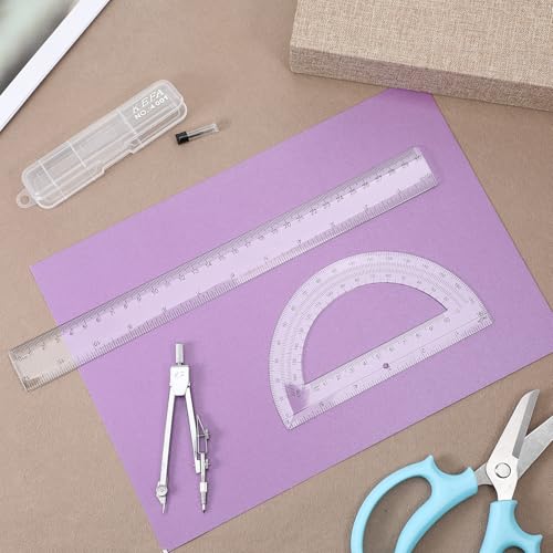 Compass and Protractor Set, 3 PCS Plastic Ruler 12 Inch Clear Ruler for Drawing Transparent Drawing Measuring Rulers Compass Geometry Tool for Math Drafting Art Home Office Drawings