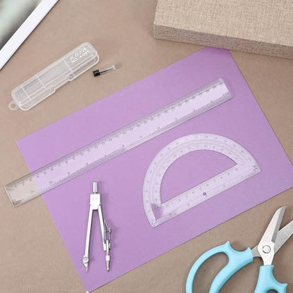Compass and Protractor Set, 3 PCS Plastic Ruler 12 Inch Clear Ruler for Drawing Transparent Drawing Measuring Rulers Compass Geometry Tool for Math Drafting Art Home Office Drawings