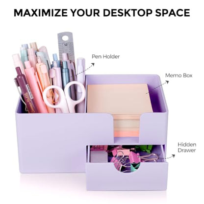 SKYDUE Small Desk Organizer with Sticky Notes Holder,Pen Holder for Deskc - color: Purple