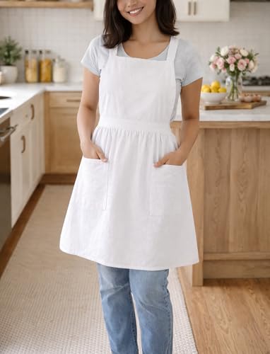 Pinknoke Cute Cotton Pinafore Aprons for Women with Pockets for Kitchen - color: White