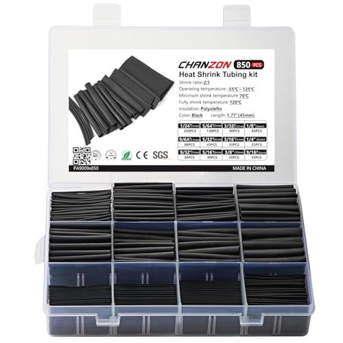 Chanzon 850 Pcs Heat Shrink Tubing Kit, 2:1 Heat Shrink Wrap Tubing with Length 1.77" (inch), Black Polyolefin Sleeving 2 to 1 Heat-Shrink Tube - color: 5.Black