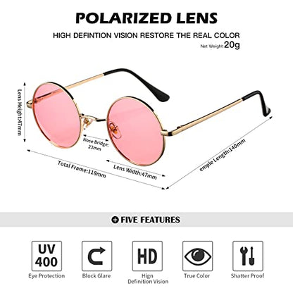 Pro Acme Small Round Polarized Sunglasses for Women Men Retro Metal Shades - color: C9 - Gold Frame/Transparent Pink Lens