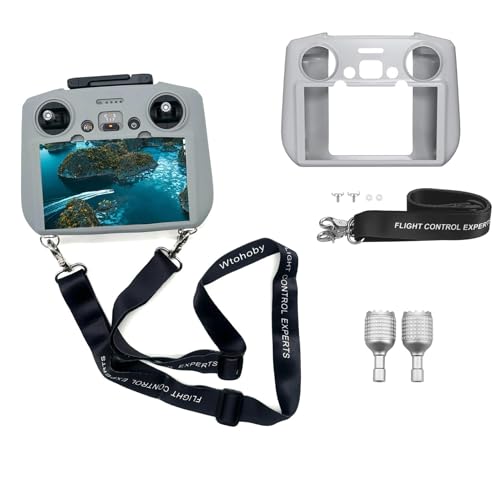 Silicone Case Cover + Thumb Rocker Sticks + Nylon Lanyard Neck Strap for DJI RC 2 Accessory Bundles for DJI Avata 360 Mini 5 Pro MINI 4 Pro Air 3S AIR 3 Flip Drone RC2 Controller(Grey) - color: Grey