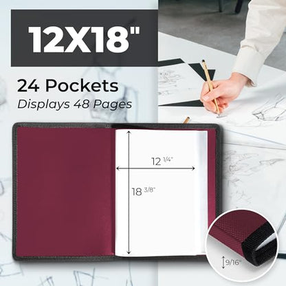 Dunwell 12x18 Art Portfolio Binder, 24-Sleeve, Black Mounting Paper, Ruby - color: Ruby, size: 12x18" w/ BLK Paper