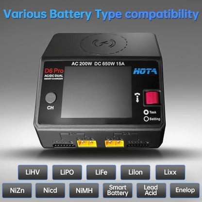 HOTA D6 Pro Lipo Battery Charger Dual Channel Smart Charger AC200W DC650W 15A for LiHv Nicd NiMH Lipo RC Battery Charger with Balance Phone Wireless Charging RC Car RC Boat FPV Race Drone Parts Black - color: Black