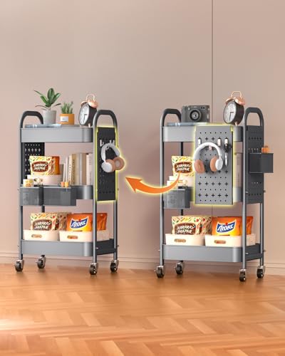 ALVOROG 3 Tier Metal Rolling Utility Cart with Pegboards,Baskets,Hooks,Gray - color: Grey