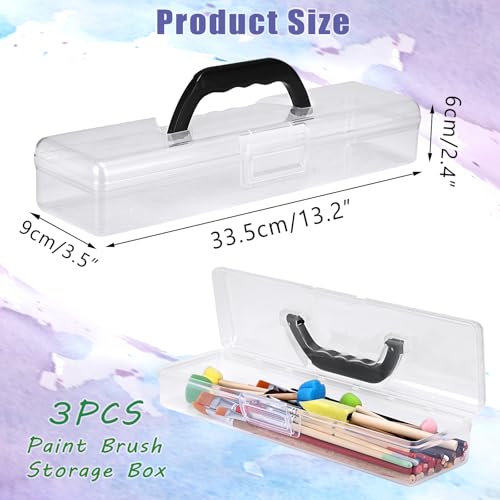 BTSKY 3 Pack Clear Plastic Painting Brush Container with Black Handle, Portable Long Paintbrush Case, Drawing Tools Storage Box, Practical Art Supply Organizer for Artist Crafters, 13.2"x3.5"x2.4"