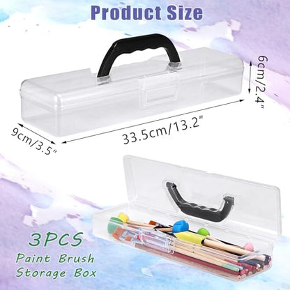 BTSKY 3 Pack Clear Plastic Painting Brush Container with Black Handle, Portable Long Paintbrush Case, Drawing Tools Storage Box, Practical Art Supply Organizer for Artist Crafters, 13.2"x3.5"x2.4"