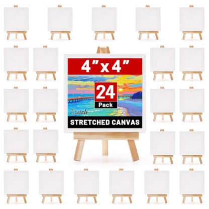 ESRICH 24 Pack Mini Canvas with Easel Set, 4x4” Small Canvases for Painting - size: 4x4in 24pack