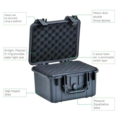 Duratool Black Weatherproof Equipment Case, Polypropylene Construction with Foam Insert, 10.5" x 9.5" x 7“ (L x W x H)